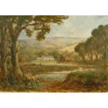 19th Century English School, a scene of a cottage with cattle grazing by a river, oil on board, 7" x