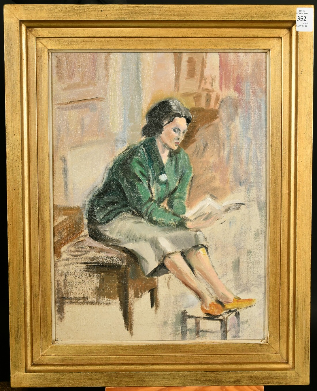 20 Century, Portrait of a lady seated with her feet on a stool wearing a green jacket, oil on - Image 4 of 5