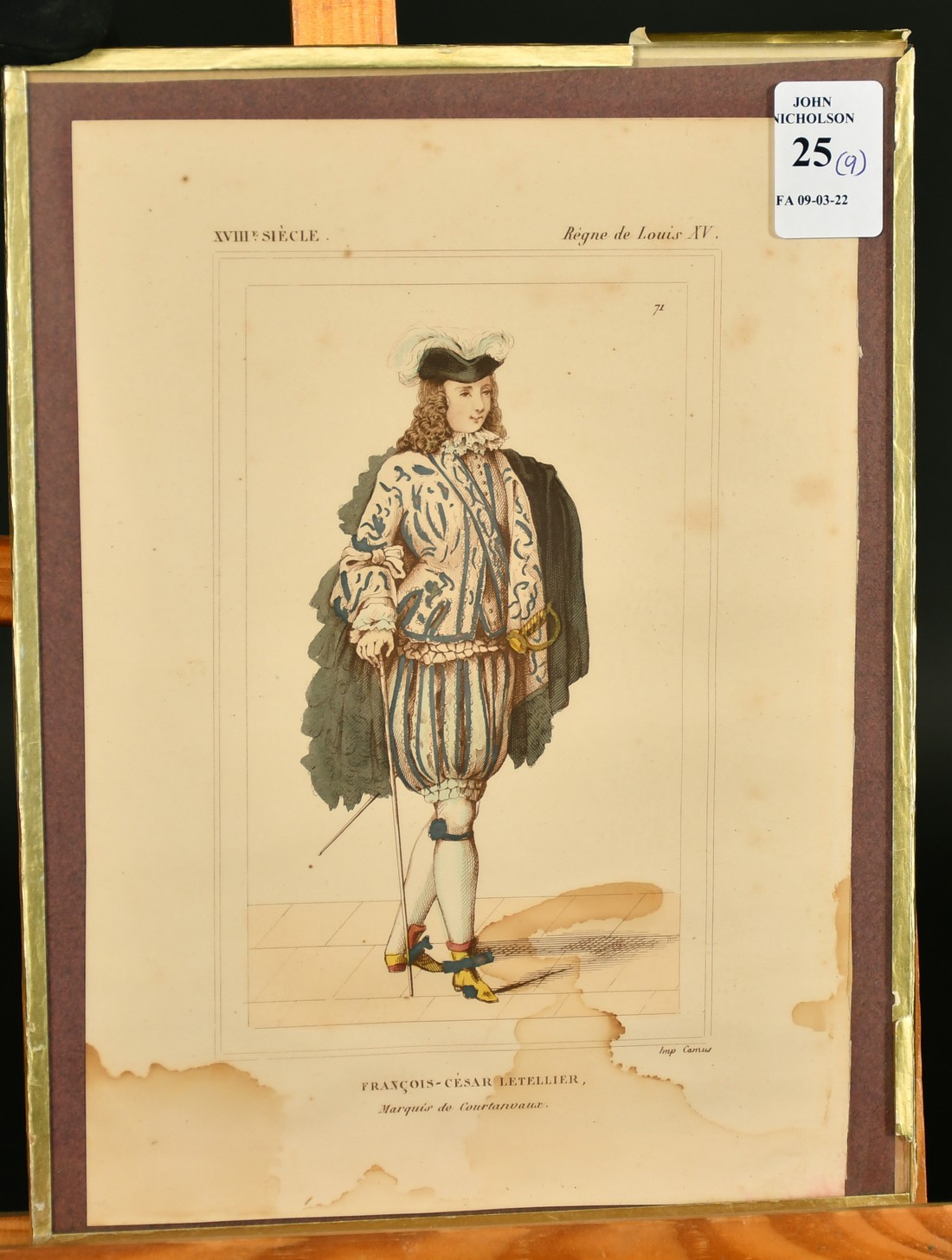 A group of nine hand coloured French prints of historical costumes, 8.5" x 6", five glazed, four - Image 2 of 10