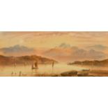 19th Century, A paddle steamer and sailing boats on calm water with mountains beyond, watercolour,