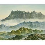 Simon C. Yew, Mountain peaks against clouds, watercolour, signed, 10" x 13.5".