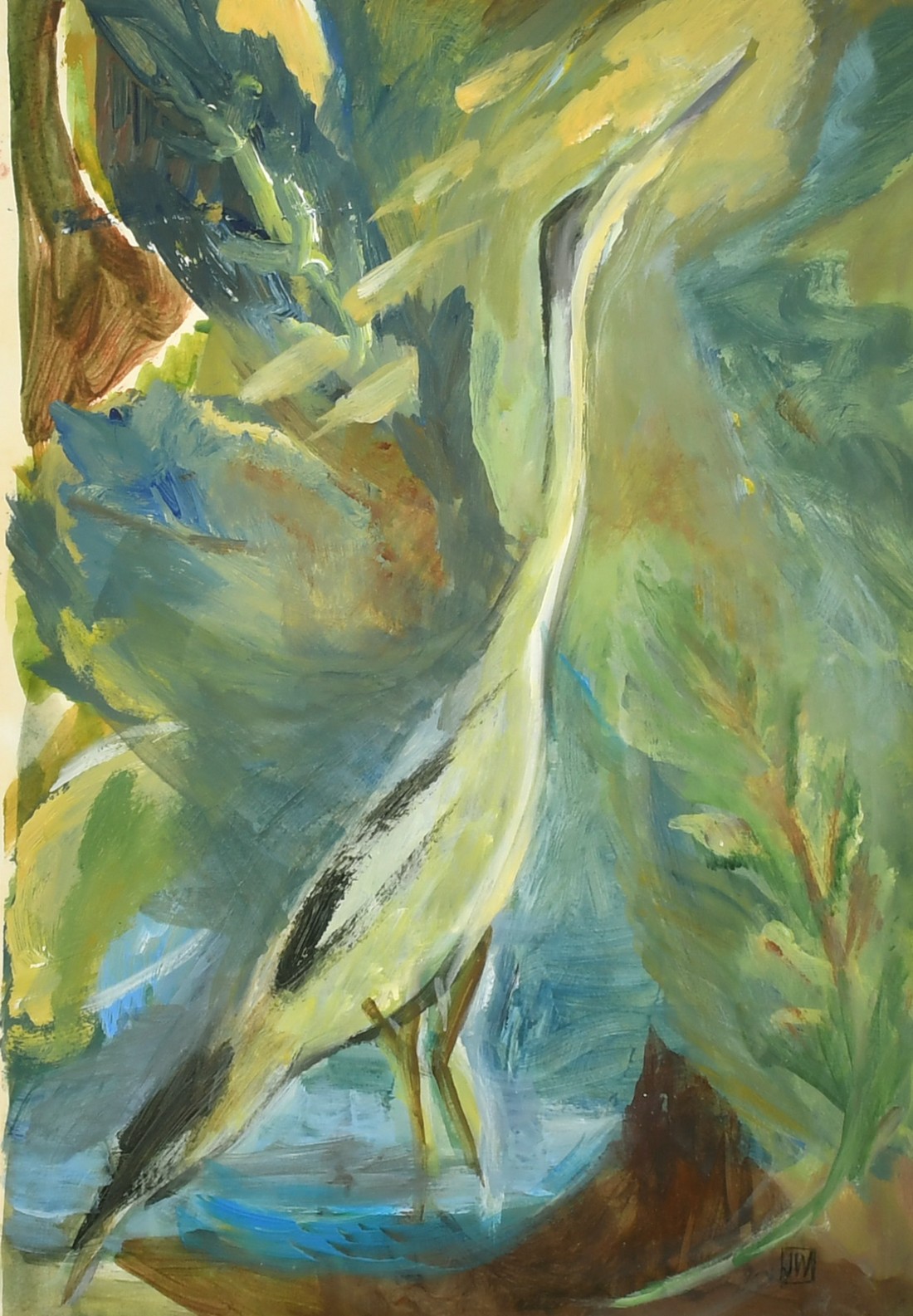 Jean Webster, 'Heron in caves of Green' acrylic on paper, signed with monogram, titled on label