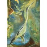 Jean Webster, 'Heron in caves of Green' acrylic on paper, signed with monogram, titled on label