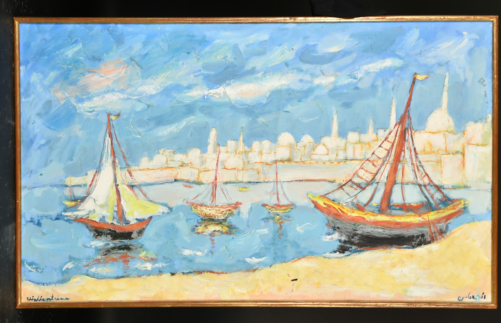 Yehuda Wallersteiner (1915-2004) German/Israeli, sailboats moored in a port, oil on canvas, signed - Image 2 of 4