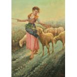 Daniel, 20th Century, a shepherdess and her flock on a country lane, oil on canvas, signed, 27.5"