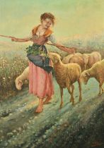 Daniel, 20th Century, a shepherdess and her flock on a country lane, oil on canvas, signed, 27.5"