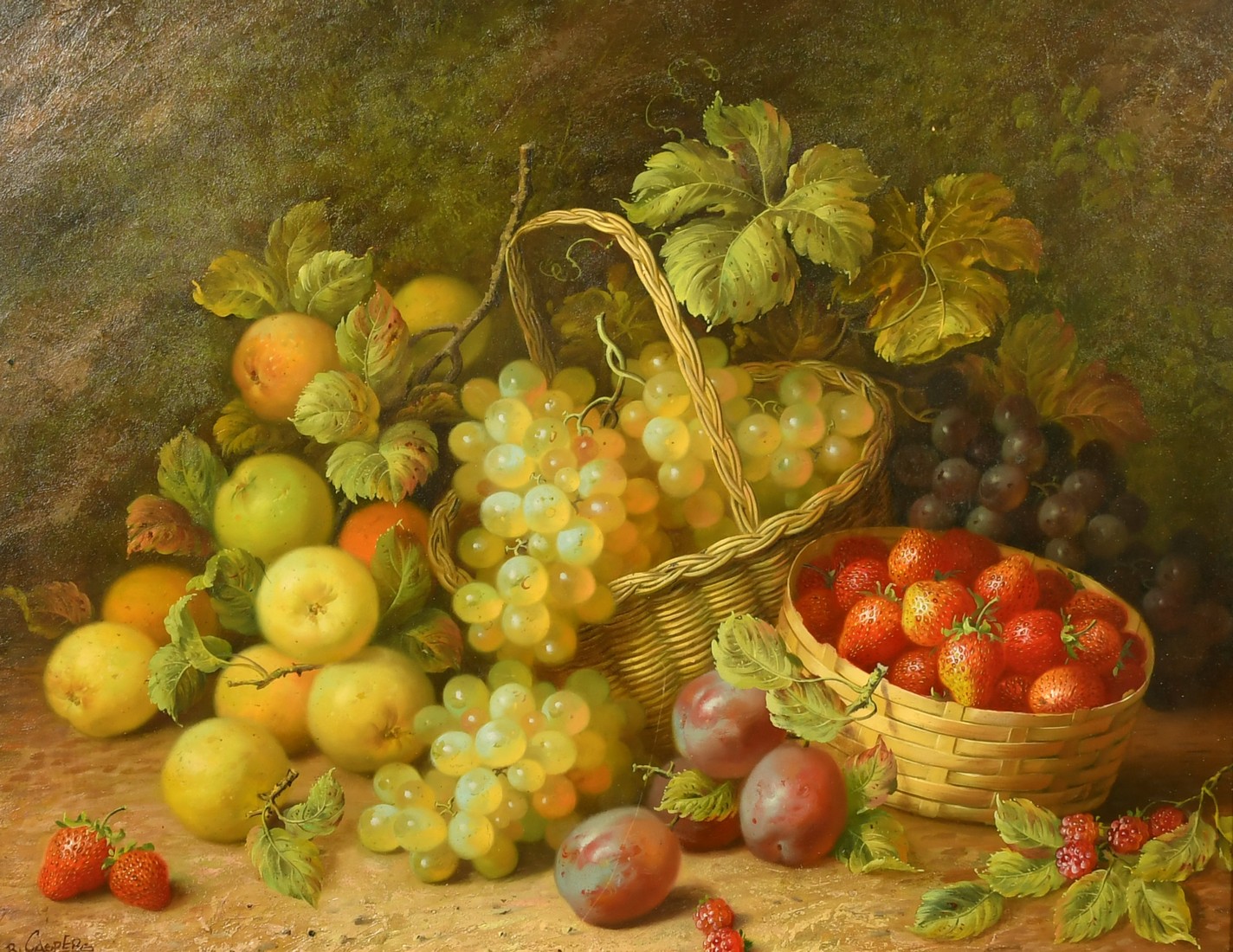 R. Caspers (20th Century) a still life of mixed fruit and trailing vines, oil on canvas, signed, 16"