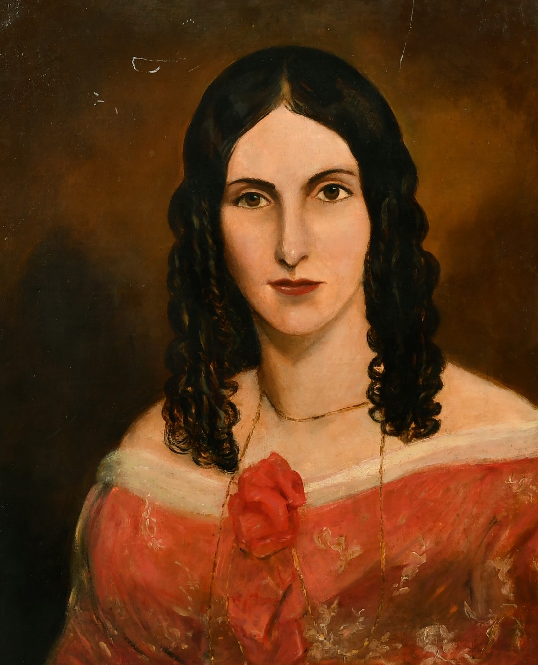 Late 19th Century English School, Portrait of a young lady with ringlets and wearing a red dress,