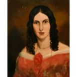 Late 19th Century English School, Portrait of a young lady with ringlets and wearing a red dress,