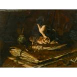 Jan van Essen (1854-1936) Dutch, Cat and kittens sitting on a pile of folios, oil on panel, signed