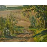 Maurice Codner (1888-1958) British, a view of a country path leading to a gate, oil on board, 14"