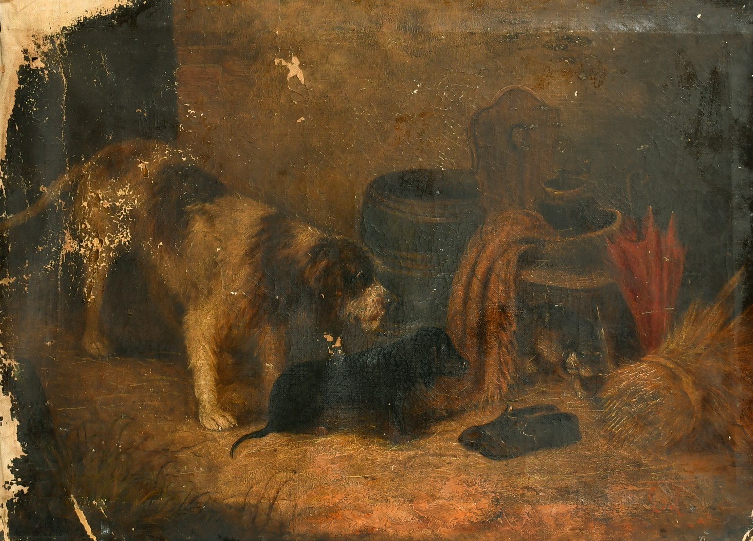 19th Century English School, a scene of dogs in a barn interior, oil on canvas, indistinctly signed,