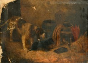 19th Century English School, a scene of dogs in a barn interior, oil on canvas, indistinctly signed,