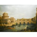 After Canaletto, figures and boats by a quay with classical building beyond, oil on canvas, 60" x