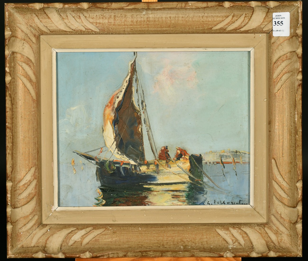 Guy Le Florentin (1907-1978) French, figures on a boat moored in a bay, oil on canvas, signed, 9" - Image 2 of 4