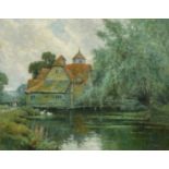 A. F. De Breanski (1877-1957) British, a view of Mapledurham Watermill with swans and figures, oil