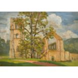 John Brown (20th Century) British, a view of church ruins, oil on board, signed with initials, 10" x