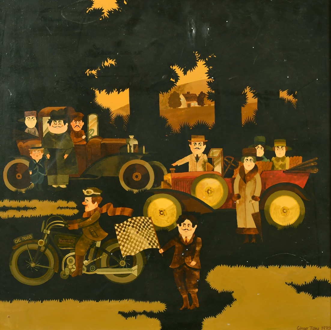 Ginger Tilly (20th Century), A stylized motoring scene, oil on panel, signed and dated 1970, 15" x