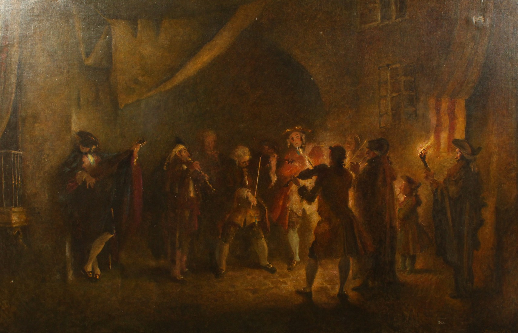 Early 20th Century Continental School, circa 1925, A scene of musicians playing by firelight, oil on