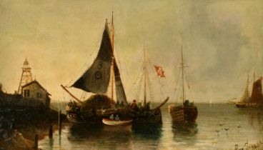 August von Siegen / Kauffman (b. 1850) German, A group of 3, A busy shore scene with sailing boats