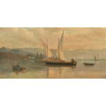 19th/20th Century School, a sailboat moored in a bay with mountains beyond, oil on canvas, 10" x