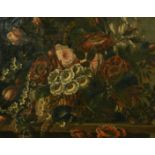 19th Century Continental School, a still life of mixed flowers in a basket, oil on canvas, 13" x