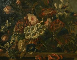 19th Century Continental School, a still life of mixed flowers in a basket, oil on canvas, 13" x