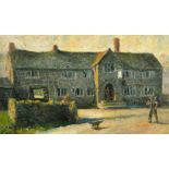 Early 20th Century English School, Figures and a dog outside an Inn, oil on canvas 13" x 20".