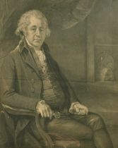 An engraving of a seated gentleman holding a miniature portrait, dated 1801, in a fine quality
