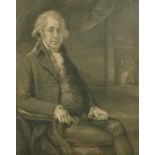 An engraving of a seated gentleman holding a miniature portrait, dated 1801, in a fine quality