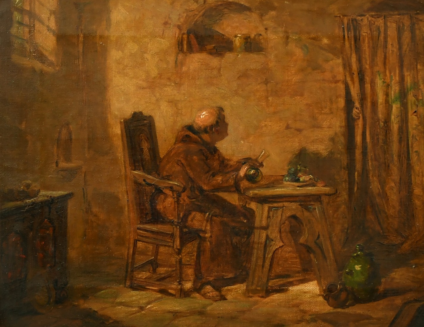 19th Century School, a monk in his chambers, oil on canvas, indistinctly signed with initials, 8"