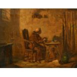 19th Century School, a monk in his chambers, oil on canvas, indistinctly signed with initials, 8"