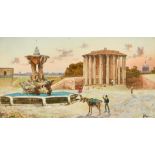 Italian School 19/20th Century, Figures by a fountain and temple near Rome, watercolour,