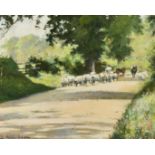 Isabel Wylie Lowe (1855-1925), sheep being driven along a country lane, watercolour, signed and