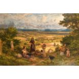 James Thomas Linnell (1820-1905) British, 'Atop of the Hill', resting workers at harvest time, oil