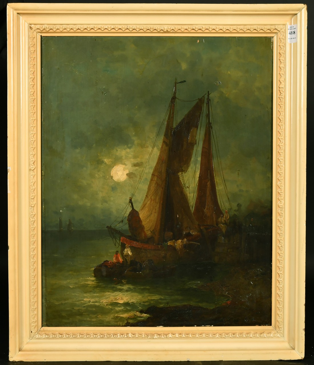 Rudolf Giffinger (19th Century), A Dutch barge unloading by moonlight, oil on panel, signed, 20.5" x - Image 2 of 3