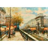 Late 20th Century, A busy Paris Street scene, oil on canvas, indistinctly signed, 18" x 26".
