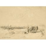 George Morland, an engraving of figures, horses and sheep in a landscape, 6.75" x 9", Unframed.