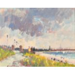 Geoffrey Chatten (21st Century), Figures walking near the coast, Gorleston cliffs, oil on board,