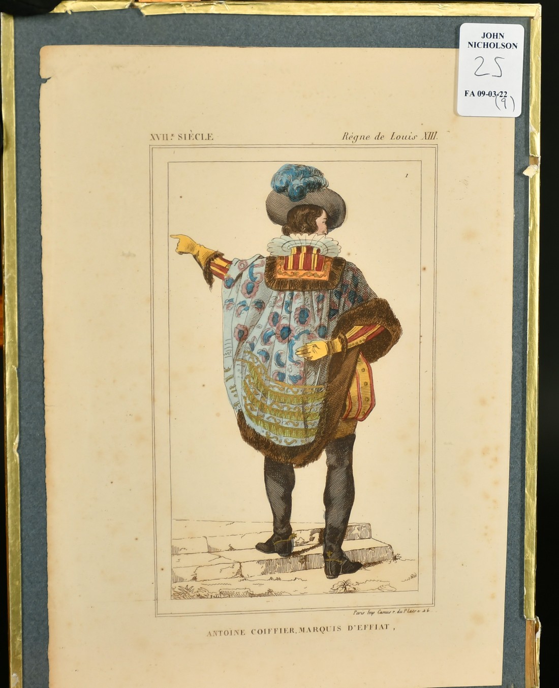 A group of nine hand coloured French prints of historical costumes, 8.5" x 6", five glazed, four - Image 6 of 10