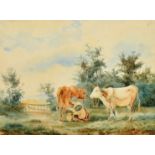 19th Century School, milking cows, watercolour, 7.25" x 10".