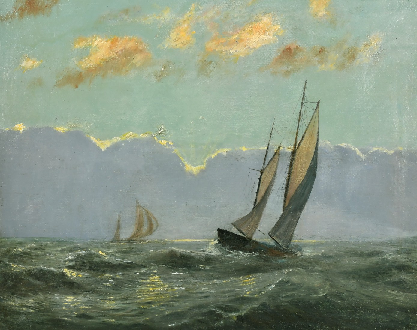 Early 20th Century School, sailboats running with the wind under breaking skies, oil on canvas,