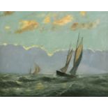 Early 20th Century School, sailboats running with the wind under breaking skies, oil on canvas,