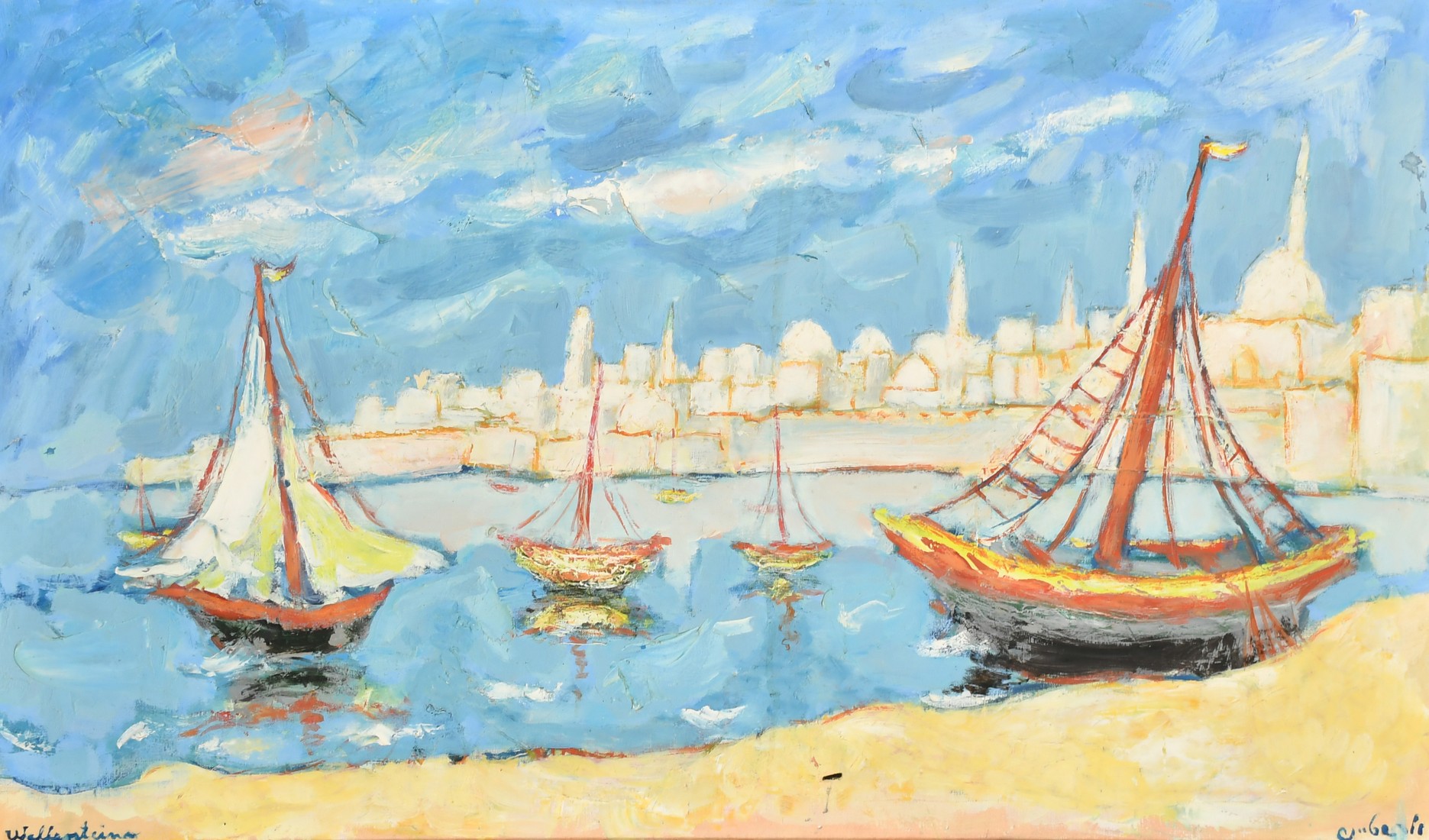 Yehuda Wallersteiner (1915-2004) German/Israeli, sailboats moored in a port, oil on canvas, signed