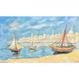 Yehuda Wallersteiner (1915-2004) German/Israeli, sailboats moored in a port, oil on canvas, signed