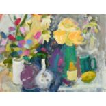 Sheila Macnab Macmillan (1928-2018) Scottish, A still life of colourful flowers in vases, oil on