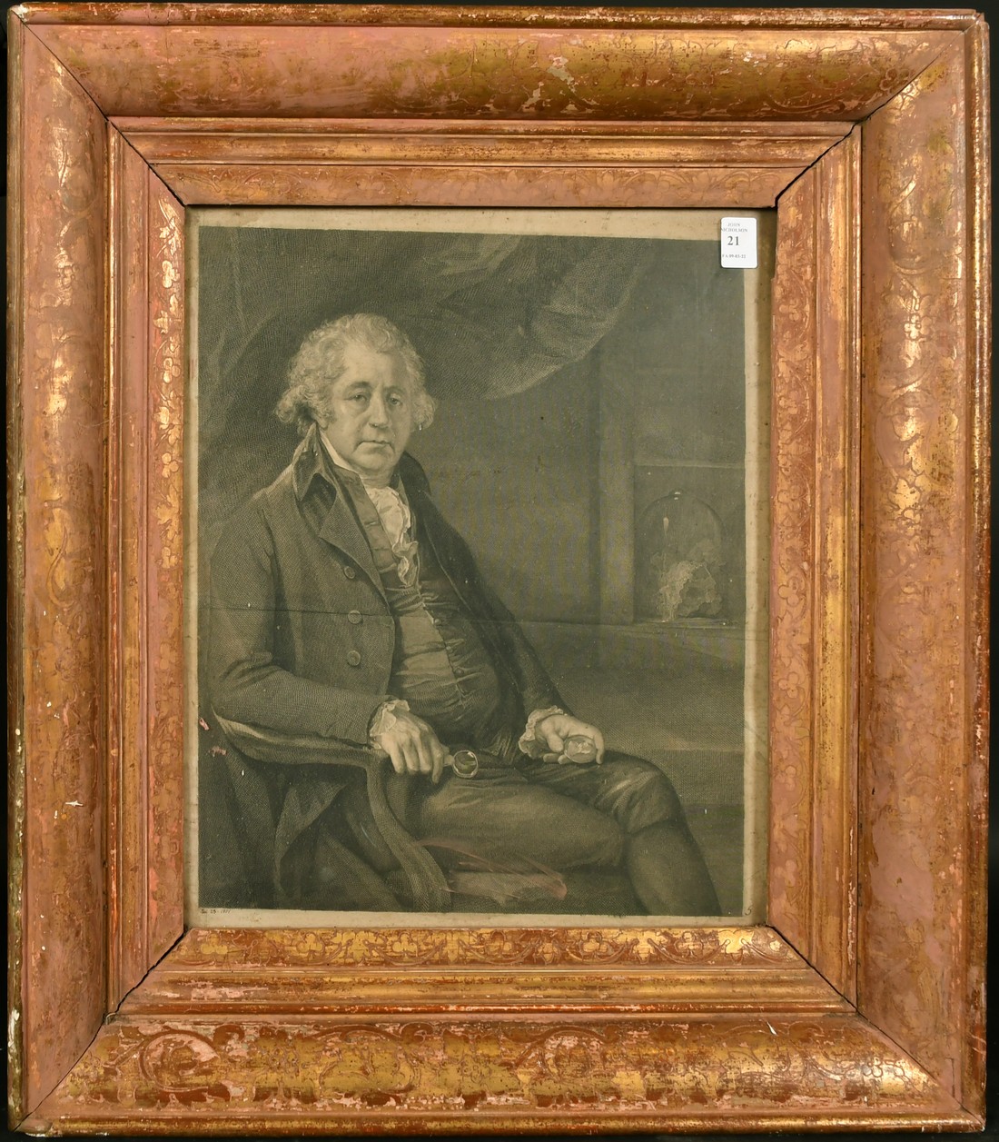 An engraving of a seated gentleman holding a miniature portrait, dated 1801, in a fine quality - Image 2 of 3