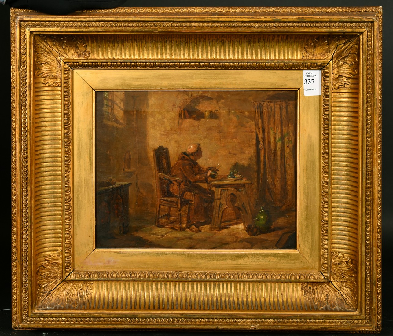 19th Century School, a monk in his chambers, oil on canvas, indistinctly signed with initials, 8" - Image 2 of 3