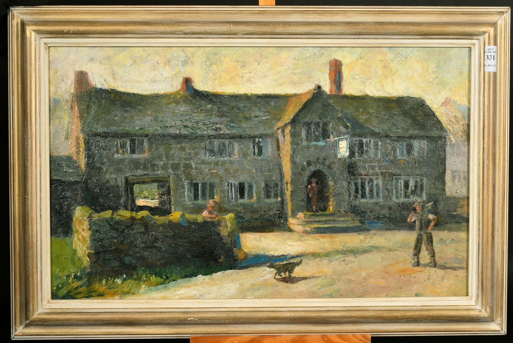 Early 20th Century English School, Figures and a dog outside an Inn, oil on canvas 13" x 20". - Image 2 of 3