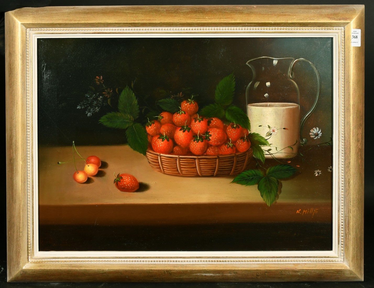 K. Mills (Late 20th Century), Still life of strawberries in a basket with a jug of cream, oil on - Image 2 of 4